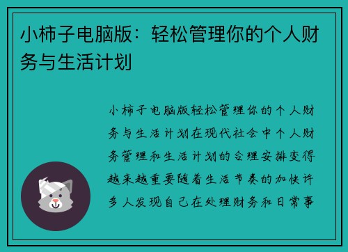 小柿子电脑版：轻松管理你的个人财务与生活计划